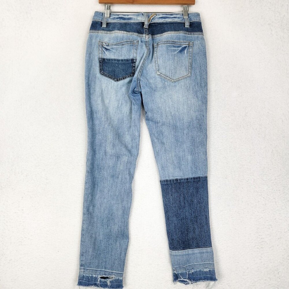 Free People Jeans Women 29 Blue Mid Rise Tapered Patchwork Raw Hem Stretch Denim - Picture 8 of 13